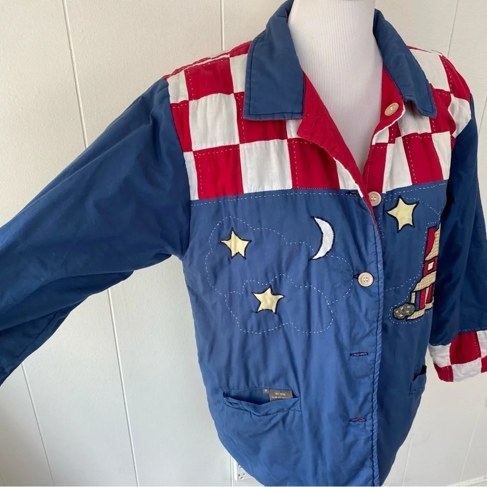 Women's M Americana Patchwork Cabin Sky Quilted  Reversible Button Jacket Red